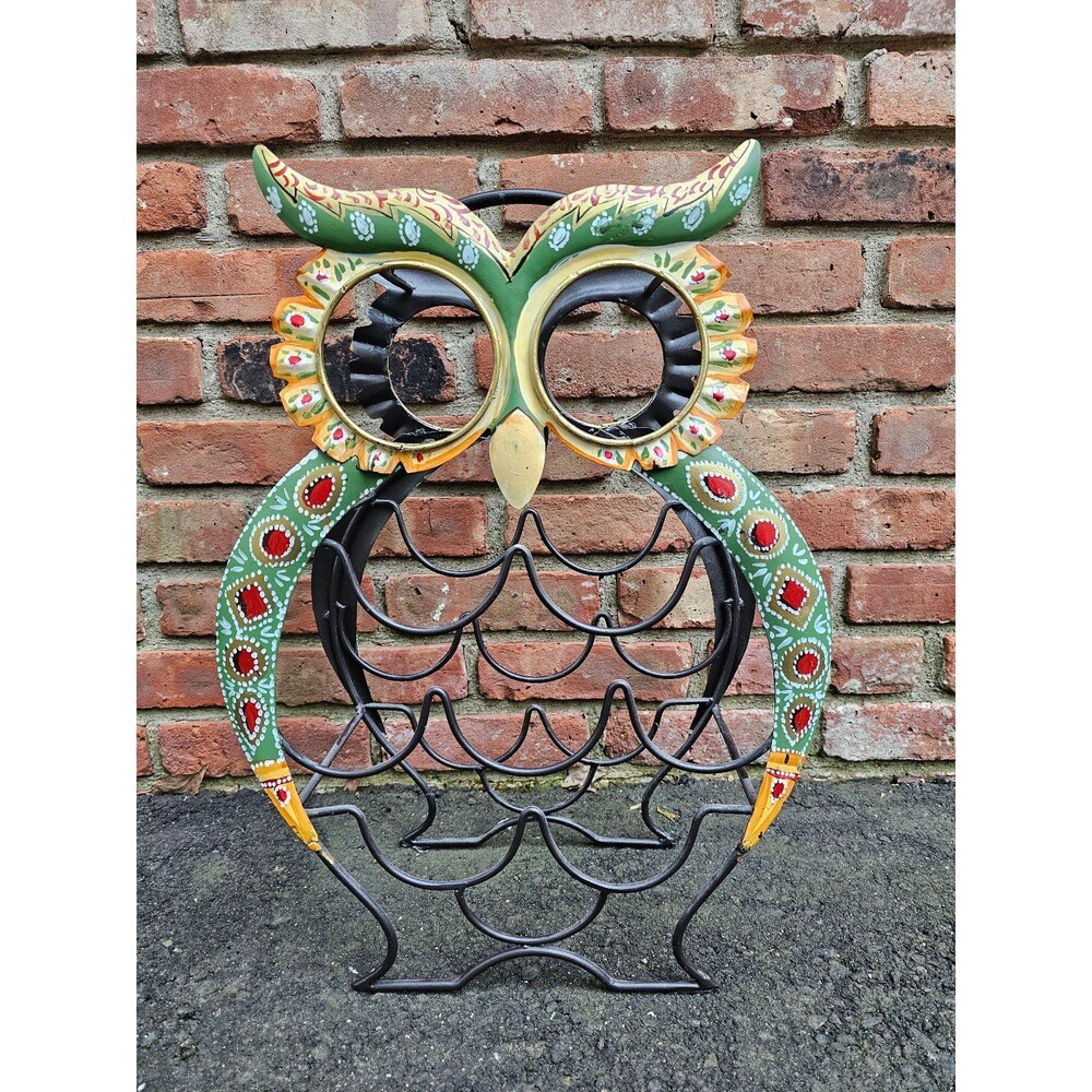 Vintage Owl Metal Wine Rack 9 Bottle Holder Hand Painted 20x15" - Picture 2 of 5